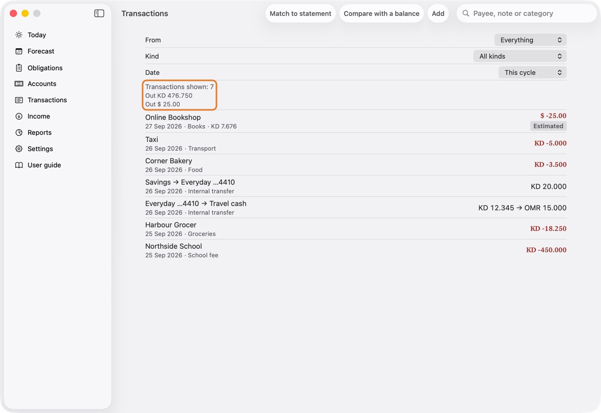 You should now see the transfer as one row with your change, and each account with its own side.